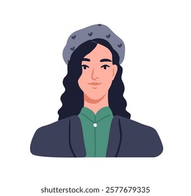Young woman in beret hat, head portrait. Smiling female character with long wavy hair, confident smile, face avatar in modern style outfit. Flat vector illustration isolated on white background