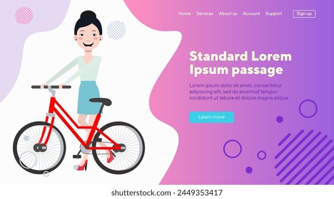 Young woman with bicycle flat vector illustartion. Happy Asian girl riding bike. Cycling, sport, transport concept for web design, banner or landing page