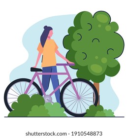 young woman with bicycle in the park vector illustration design