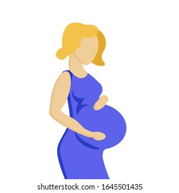 Young woman with a big belly. Pregnant sideways in a purple dress in the last month. Character in a flat style.