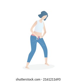 Young woman with a big belly she can't wear jeans pants,Overweight and obesity concept,Vector illustration.