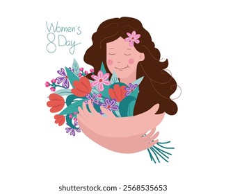 Young woman with a big bouquet of flowers. Women's Day March 8. Spring greeting card design with inscription. Bright color vector illustration. Background isolated.