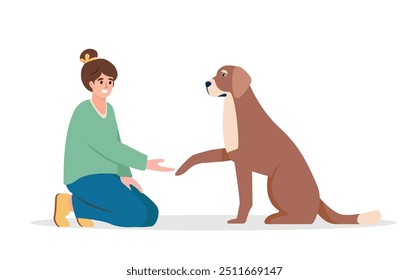 Young woman and big dog. Dog giving paw to girl. Happy Pet and owner. Adoption, charity, love, volunteering, pet care or help concept. Vector flat illustration isolated on white background.