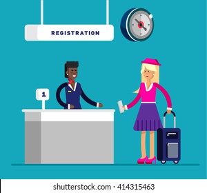 Young woman big suitcase checking in at the airport with pretty airlines clerk. Registration and check tickets. Traveller. Flat style illustration or icon. 