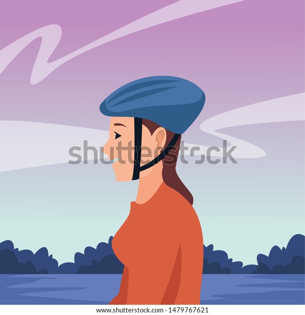 young woman with bike helmet\
cartoon in the park outdoors scenery ,vector illustration graphic\
design.