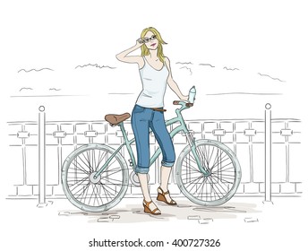 Young woman with bike line colored sketch. Attractive lady cyclist and mint bicycle. Pretty girl in blue jeans.