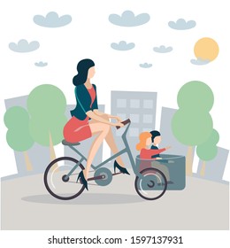 Young woman Biking with two Kids Family Cargo tricycle, concept flat  vector illustration 