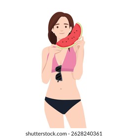 A jovem mulher de biquíni desfruta de uma fatia fresca de melancia, abraçando o espírito de verão. Ilustração de vetor plano isolada no plano de fundo branco