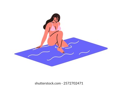 Young woman in bikini goes into sea, ocean water with waves. Happy girl in swimsuit enters swimming pool. People at summer resort, recreation. Flat isolated vector illustration on white background