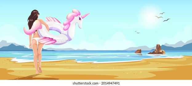 Young woman in bikini with an inflatable circle unicorn walks along the beach, the sea mountain landscape in the background. Vector illustration