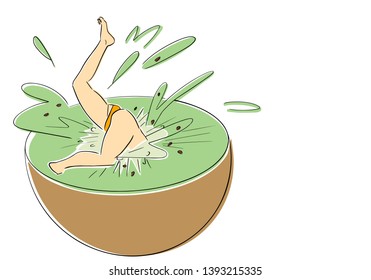 Young woman in bikini jumps into kiwi. Healthy vegetarian food and active lifestyle symbol. Colorful fun drawing. Flat illustration. Vector design element. Isolated black contour and colors.