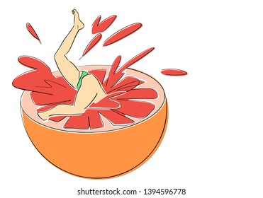 Young woman in bikini jumps into grapefruit. Healthy vegetarian food and active lifestyle symbol. Colorful fun drawing. Flat vector illustration. Isolated black contour and colors.