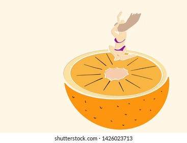 Young woman in bikini jumps into orange. Healthy food and lifestyle symbol. Applique or paper cut style. Colorful vector illustration.