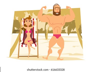 Young woman in bikini on chaise longue. Young man with muscles on the beach. Cartoon characters.