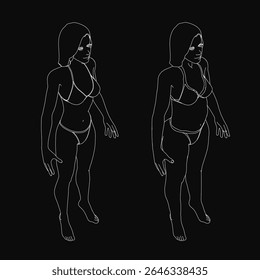 Uma jovem mulher de biquíni posa confiantemente contra um fundo preto, ladeada por desenhos de linha dela antes e depois da perda de peso. O desenho anterior destaca uma barriga maior, enquanto o posterior.
