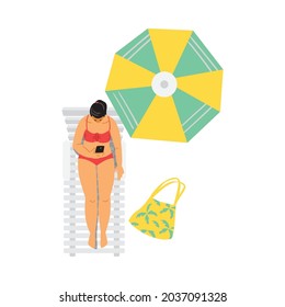 Young woman in bikini relax sunbathing on lounger with umbrella near swimming pool or on beach. Concept of summer vacation on sea resort. Flat vector illustration isolated on white