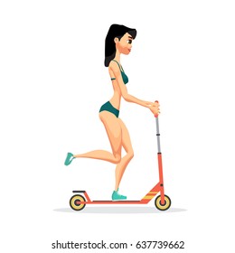 Young woman in a bikini is riding a kick scooter. The girl runs a roller. Vector isolated flat cartoon illustration