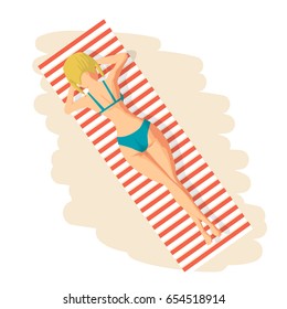 Young woman in bikini sunbathing lying on the beach. View from above. Vector flat cartoon illustration isolated