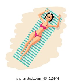 Young woman in bikini sunbathing lying on the beach. View from above. Vector flat cartoon illustration isolated