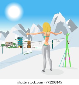 Young woman in a bikini in winter on top of a mountain. Girl sunbathing in a ski resort in the sun. Flat cartoon vector illustration