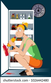 Young woman binge eating a hot dog in front of an open fridge late at night, EPS 8 vector illustration