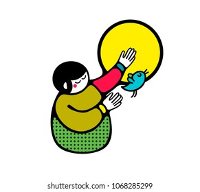Young woman with bird on the sunny background. Vector illustration of freedom.