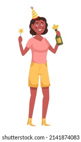 Young woman at  birthday party  with a bottle of champagne  and sparkler in her hands. Vector  illustration 