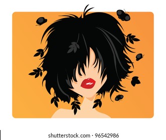 Young woman with black hair, leaves and butterflies coming out of her hair, on orange background, vector