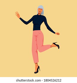 Young woman in black shirt and pink trousers is standing in a dancing pose with her hands widely spread. Elegantly Dressed in Formal Suit business woman celebrates working success. - Shutterstock ID 1804526212