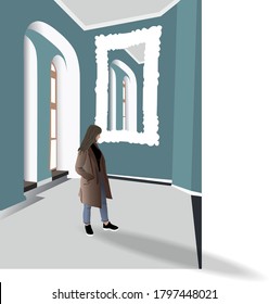 Young woman in black shoes and t-shirt, blue jeans, brown jacket in Victorian design interior with teal walls. Exploring art. Vector