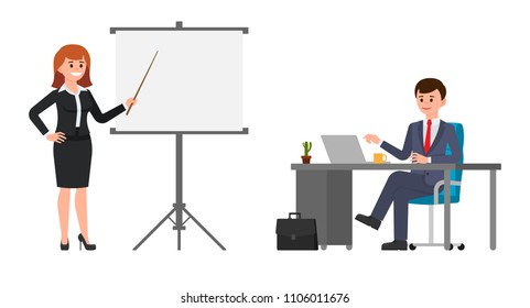 Young woman in black suit making presentation in front of man in dark blue suit. Vector illustration of cartoon character business meeting 