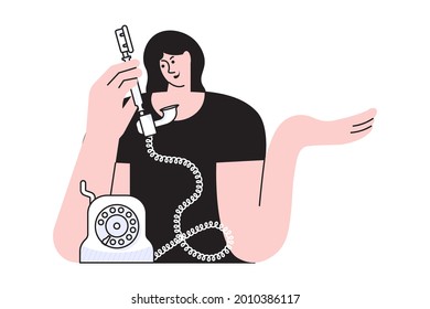 Young woman in black t-shirt is speaking by retro phone. Communication concept isolated on white background. Flat Art Vector Illustration