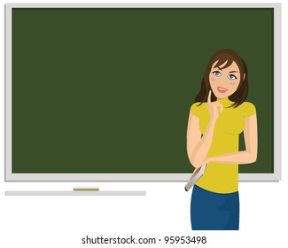 Young woman with blackboard behind her and book in her hand