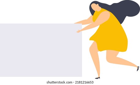 Young woman with blank poster on white background. Flat vector illustration.