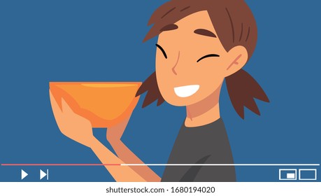 Young Woman Blogger Advertising Something Vector Illustration. Entertainment Vlog Concept