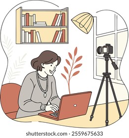 Young woman blogger recording online course or workshop for followers, chatting via webcam at home illustration with wireless high-speed internet connection.