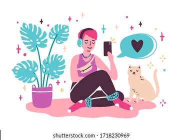 Young woman blogger sitting on the floor and taking selfie at home. Girl creating new content for blog, making new post in social media. Vector illustration in flat cartoon style