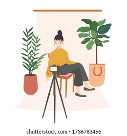 Young woman blogger sitting on the chair  and taking selfie  at home. Girl creating new video  content for blog, making new post in social media. Vector illustration modern flat cartoon style