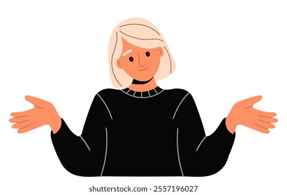 A young woman with blond hair, dressed in black casual clothes, spread hand shrugging shoulders looking puzzled. Apologize or say sorry, regret for what happen asking for forgiveness concept. Flat vec