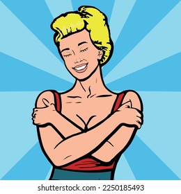 young woman with blond hair gathered in bun hugs own body, pop art retro vector illustration. Comic book style imitation.