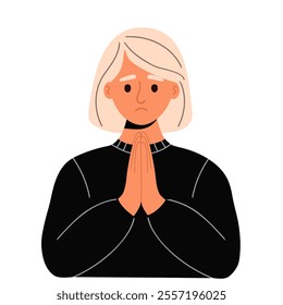 A young woman with blond hair prays with her hands folded in a gesture of apology. Apologize or say sorry, regret for what happen asking for forgiveness concept. Vector illustration isolated on white 