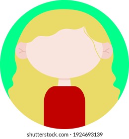Young woman with blond long hair in a red jacket. Vector illustration of a faceless girl. In cartoon flat style, against the background of a green circle.
