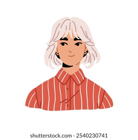 Young woman with blonde bob haircut and cute face portrait for user profile. Teen female avatar in shirt. Happy beautiful girl head with earrings. Flat isolated vector illustration on white background