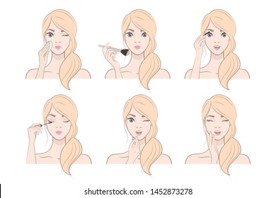 Young Woman with blonde hair Makes Up With Various Actions Set. Steps. Cosmetic. Beauty, Makeup. Healthy. Vector illustration in pastel tones