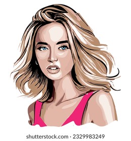 mujer joven de pelo rubio y blusa rosa. ilustración vectorial realista.