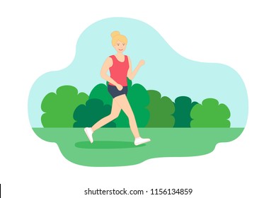 Young woman with blonde hair is running in the park. Poster, banner template. Sport life, outdoor activity, health lifestyle for women. Flat style vector illustration with modern city background.