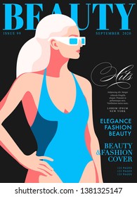 Young woman with blonde hair wearing swimsuit and sunglasses. Fashion magazine cover design, black background. Vector illustration