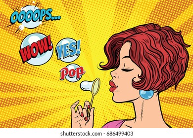 Young woman blowing air bubbles comic. oops wow yes pop. Pop art retro vector illustration