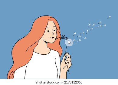 Young woman blowing dandelion enjoy summer in city. Happy girl hold flower relax in garden outside. Vector illustration. 