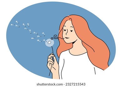 Young woman blowing dandelion enjoy summer in city. Happy girl hold flower relax in garden outside. Vector illustration.